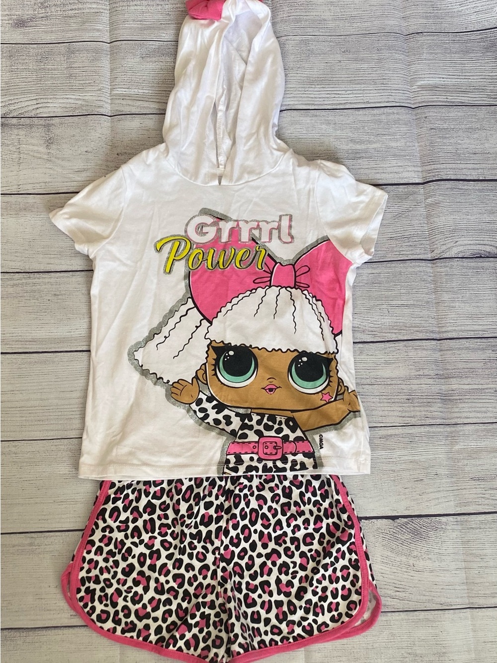 L.O.L. Surprise! White Hoodie Tee with Pink Accent & Leopard Shorts